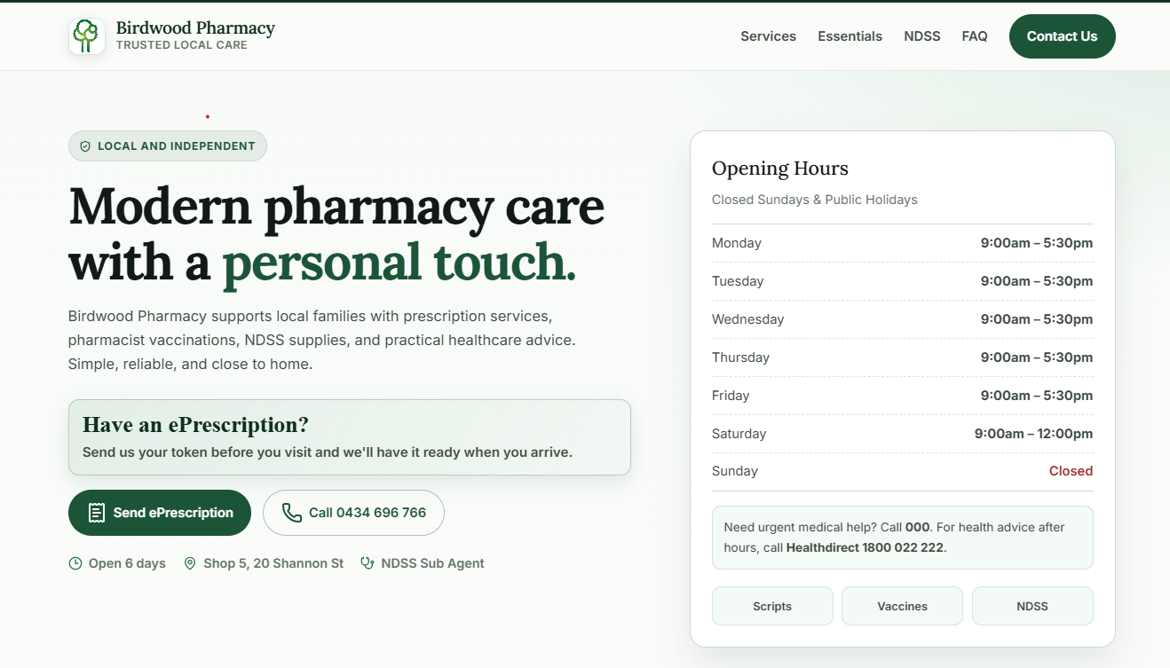 Birdwood Pharmacy website preview